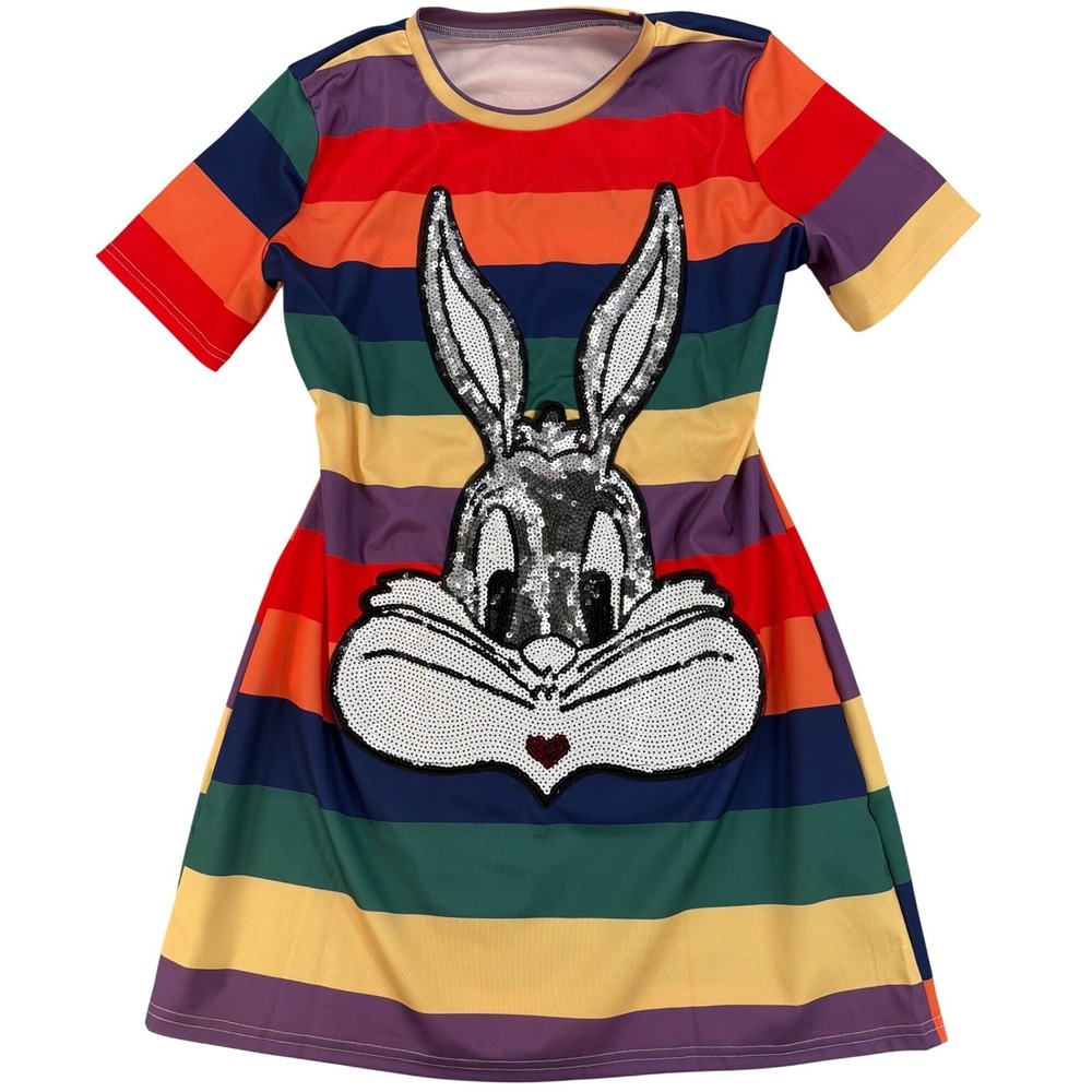 Y2K Rainbow Stripe Bugs Bunny Sequin Dress Cartooncore Festival XL